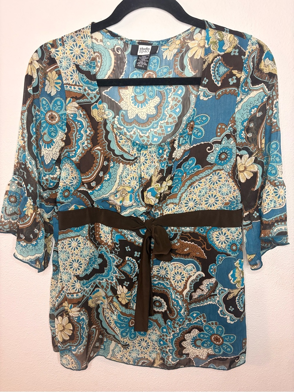 Studio 1940 Teal, Brown & Cream Paisley Tie-Waist Tunic-133